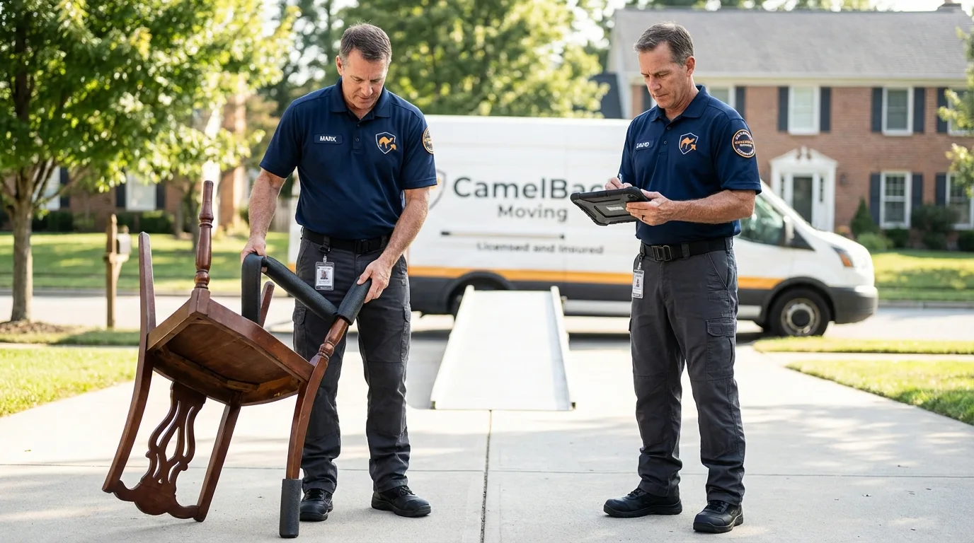 Movers inspecting furniture for damage prevention before loading in Allyn, WA