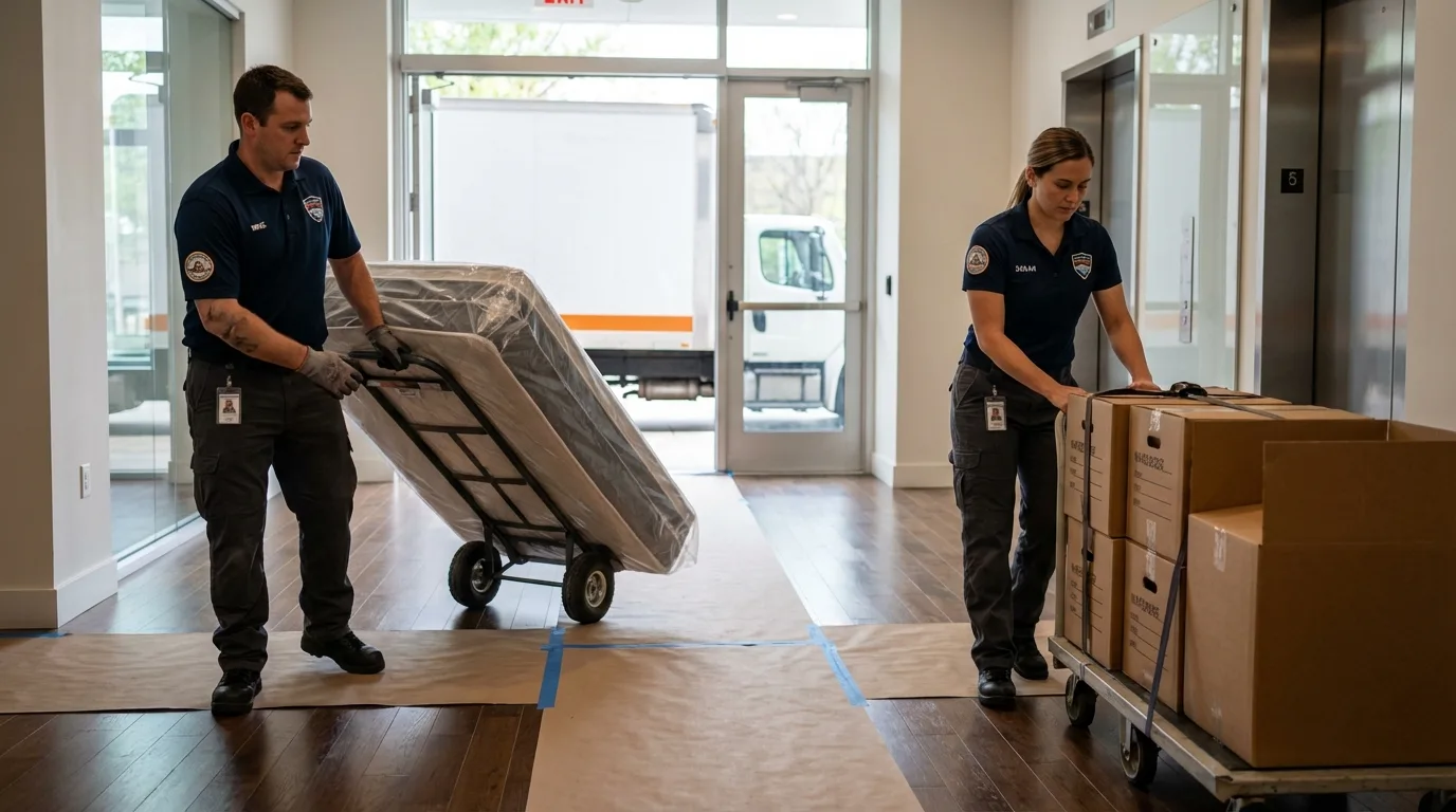 Professional apartment movers loading elevator in Allyn, WA